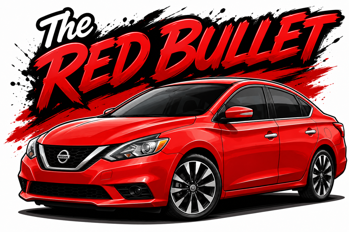 Illustrated portrait of the Red Bullet, the bright red Nissan