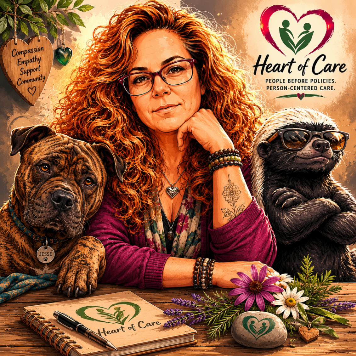 Briana F. Harden with Jesse James her bullpei and the Honey Badger, beside the Heart of Care emblem