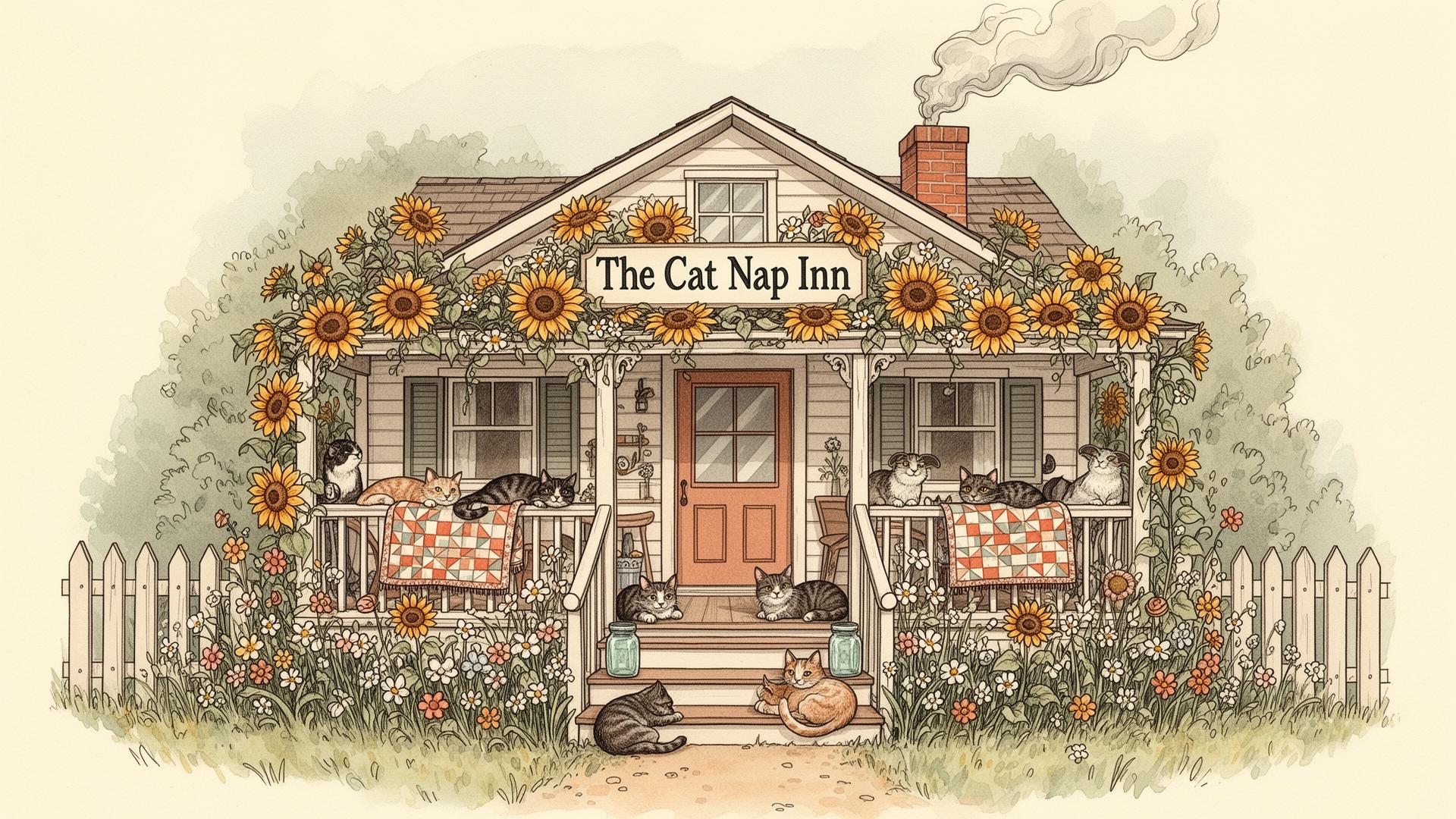 The Cat Nap Inn cottage with cats and sunflowers
