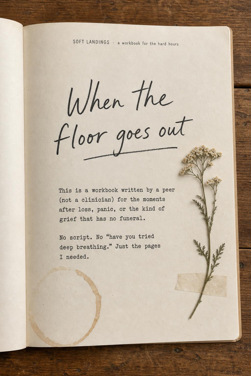 Soft Landings chapter opener page — hand-lettered 'When the floor goes out' with a short typewriter-style paragraph about a workbook written by a peer, not a clinician, with a pressed wildflower and a faint coffee ring on cream paper