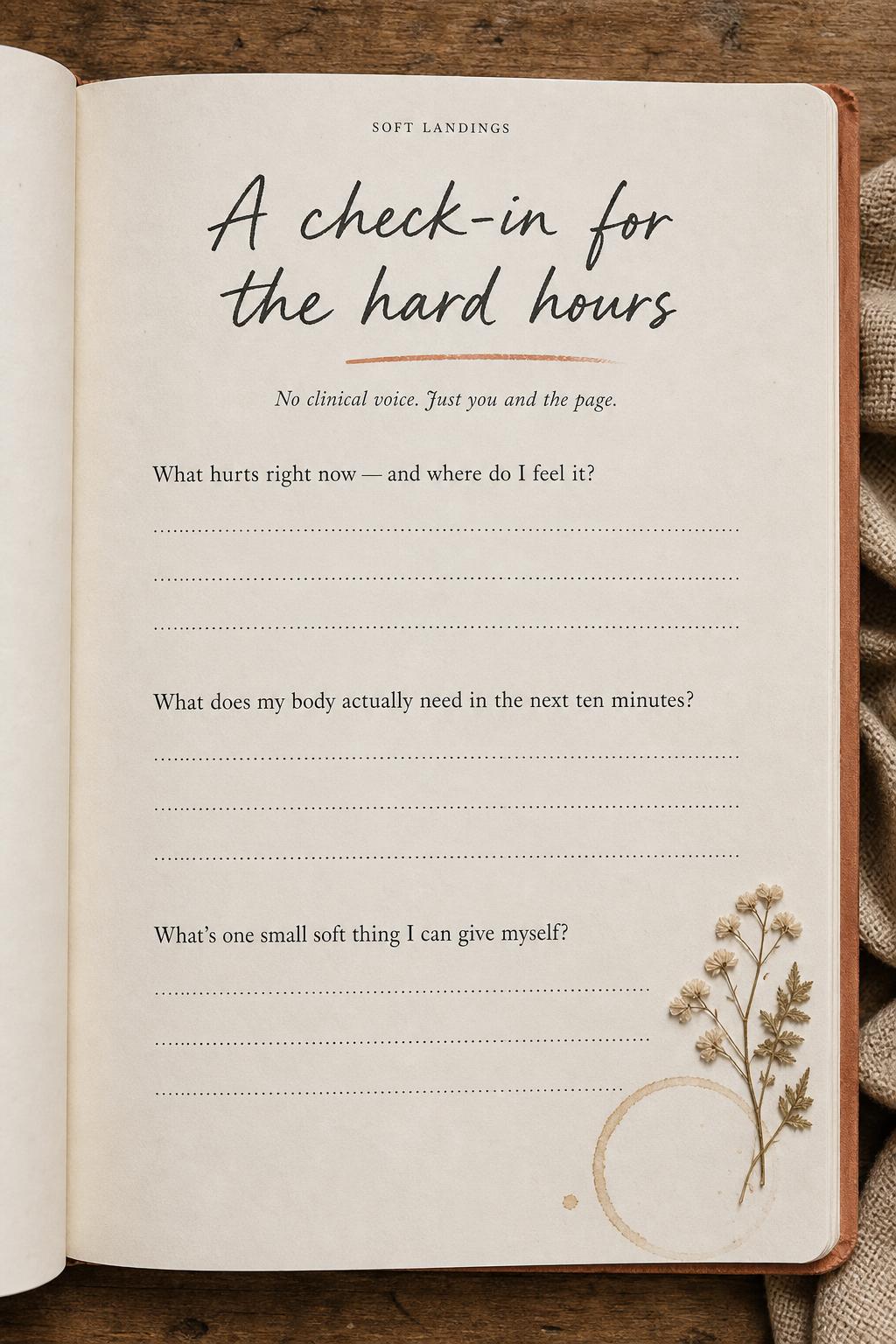 Soft Landings journal page titled 'A check-in for the hard hours' with three prompts including 'What hurts right now and where do I feel it?' on cream paper with a pressed wildflower in the corner