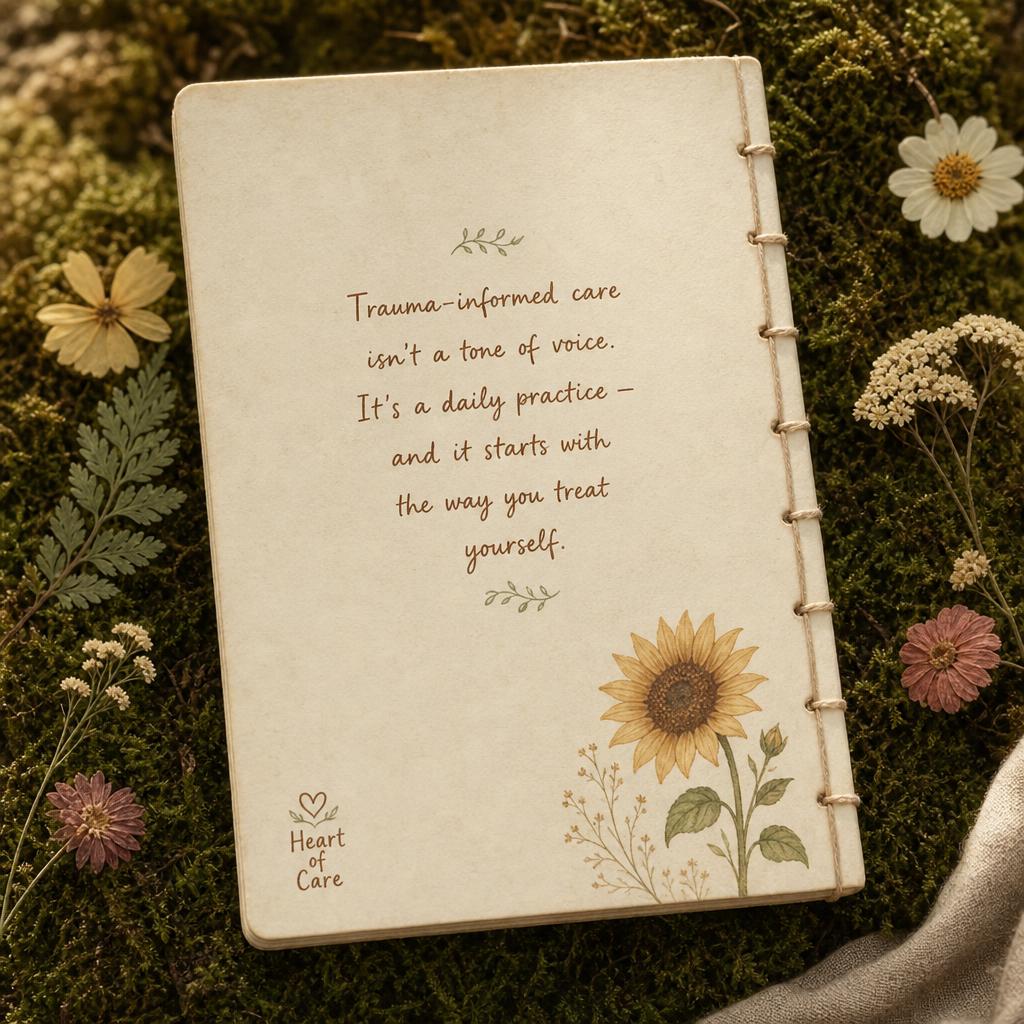 Tender Ground back cover with a hand-lettered quote about trauma-informed care being a daily practice, with a small ginger lily and Heart of Care mark