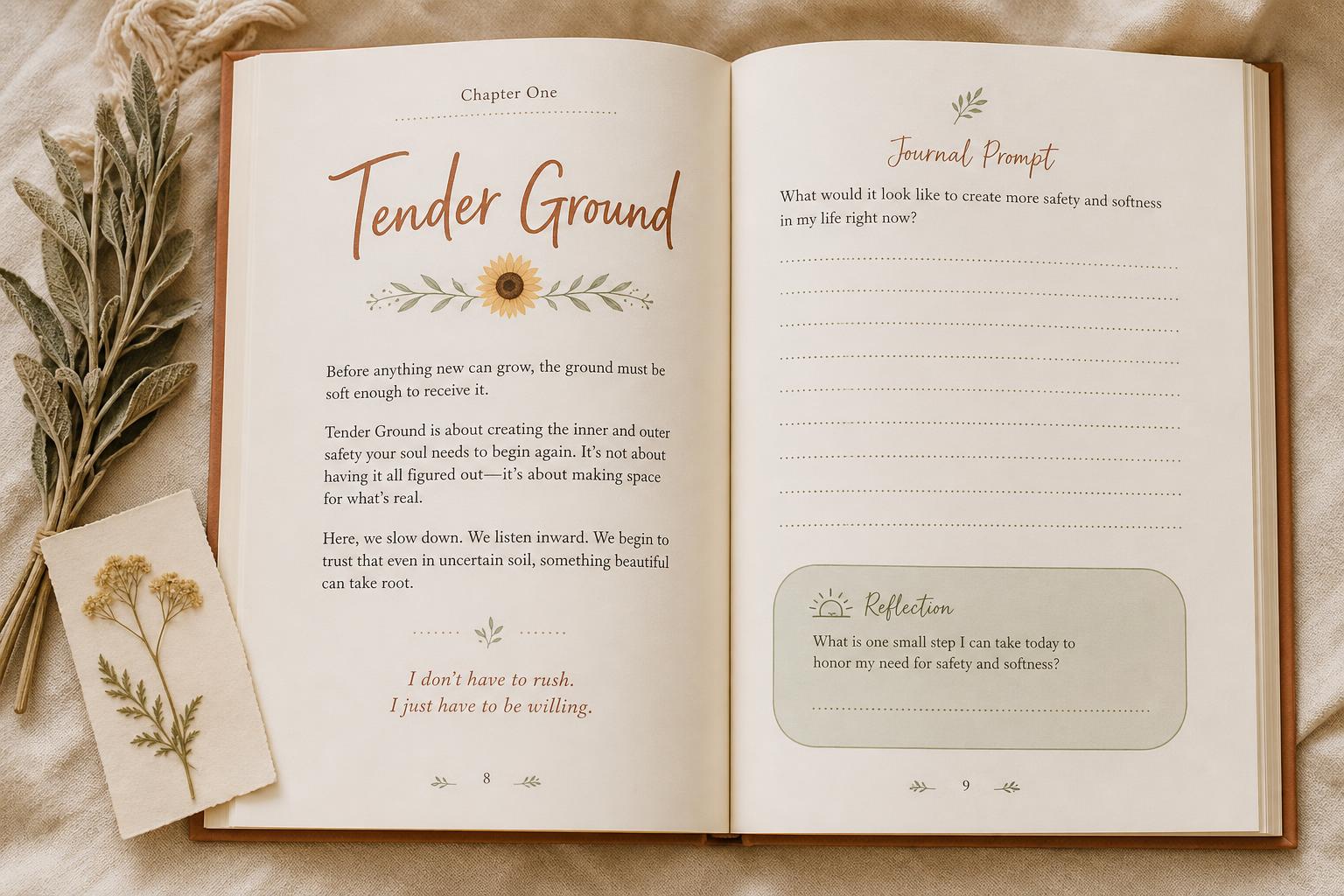 An open spread inside Tender Ground showing the Chapter One heading with a ginger lily divider and a journal prompt page with dotted writing lines and a sage reflection box