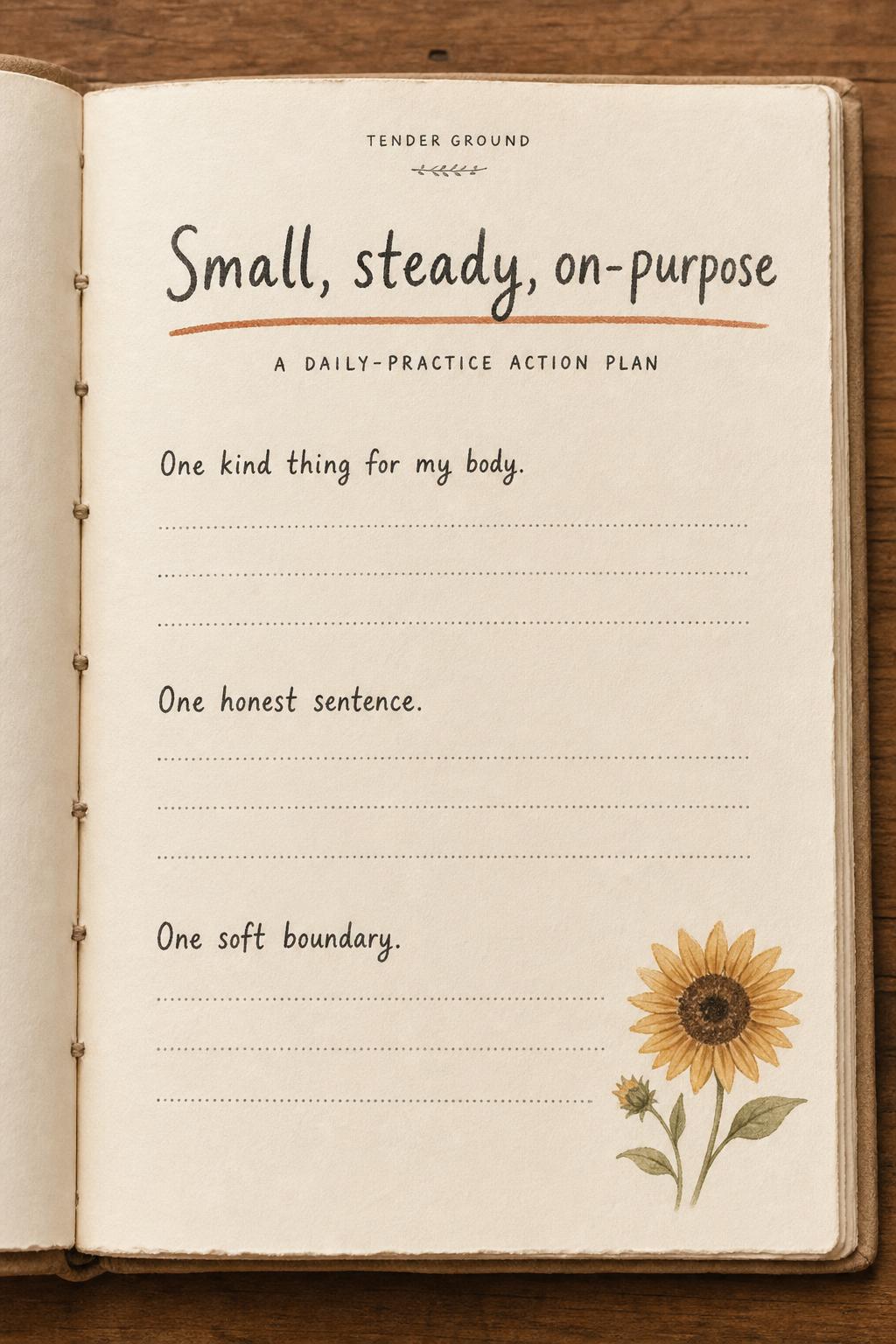 A daily-practice action plan page titled 'Small, steady, on-purpose' with three labeled sections — one kind thing for my body, one honest sentence, one soft boundary — each with writing lines