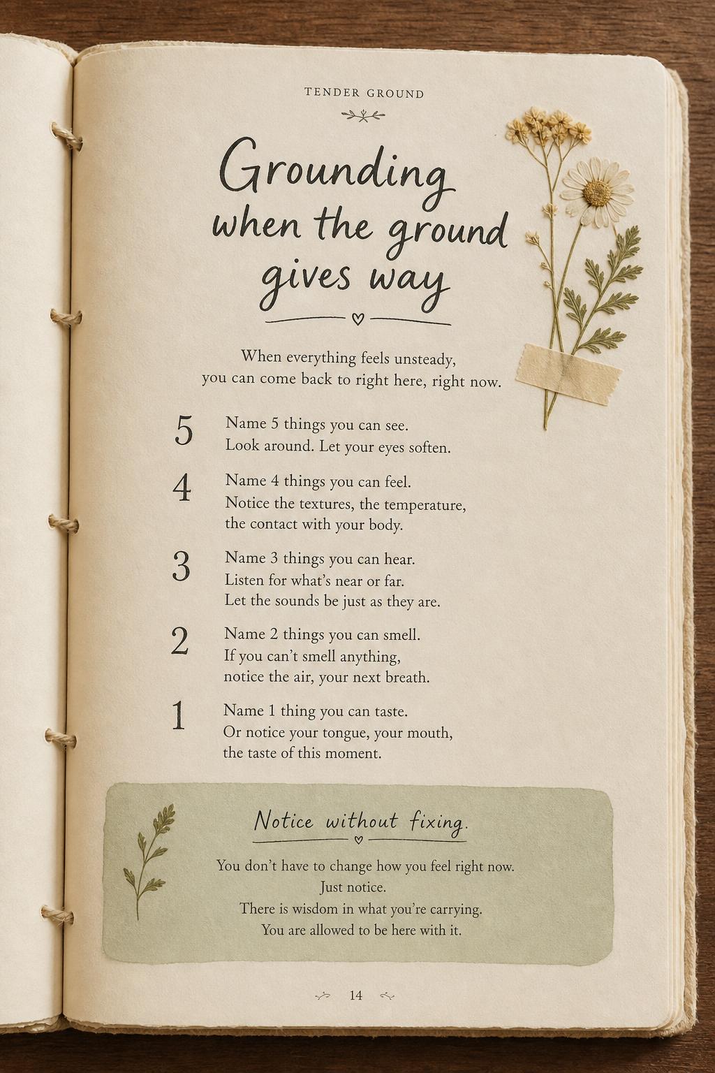 A coping-skill page titled 'Grounding when the ground gives way' walking through the 5-4-3-2-1 sensory grounding exercise with a sage reflection box reading 'Notice without fixing'