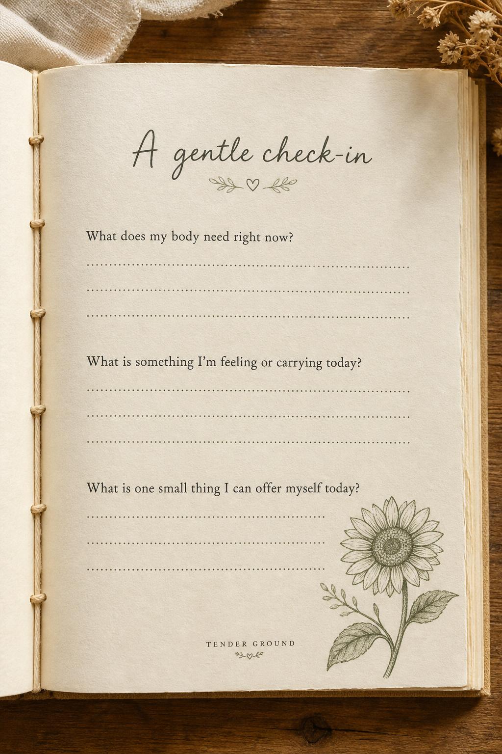A journal prompt page titled 'A gentle check-in' with three reflective questions and dotted writing lines, including 'What does my body need right now?'
